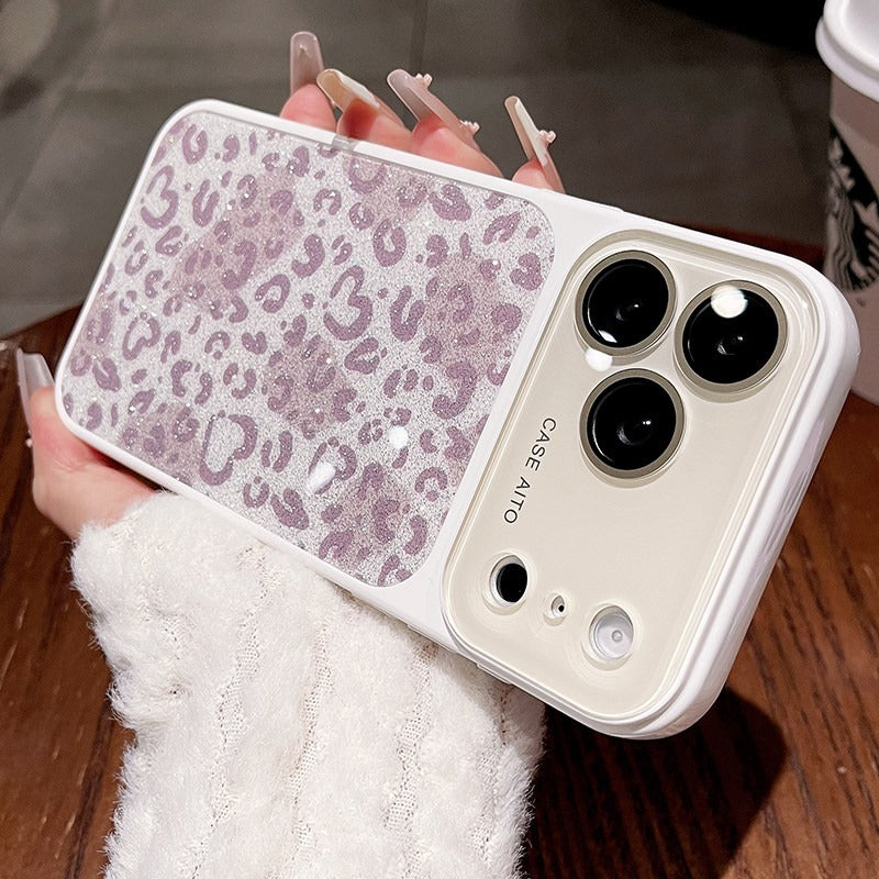 Glitter love leopard print for iPhone 17promax mobile phone case new iPhone16 seconds change 17pro large window lens film all-inclusive 15pro sweet cool women's shell Phone accessories