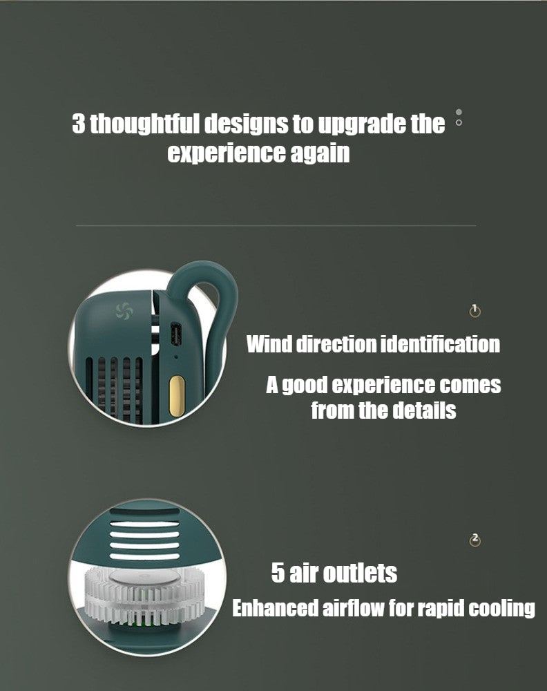 Built-in 60 Blades fan 3 Wind Speed Whirlwind Type-c charging mini fan Clamp fan 360° Rotation Clamp collar Hang around the waist Portable Hook rechargable Fan MF019
