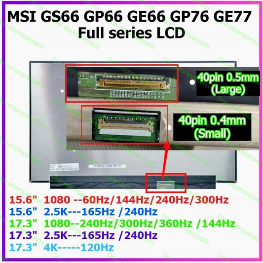 15.6" 17.3" 1080P 2.5K UHD QHD Non Touch 60hz LCD  for MSI GS66 GP66 GE66 GP76 GE77 10SE 10SF 10SFS 10SGS 10SD Stealth MSI RAIDER GE77HX 10UG 10UH 10UE 10UG LED screen Display