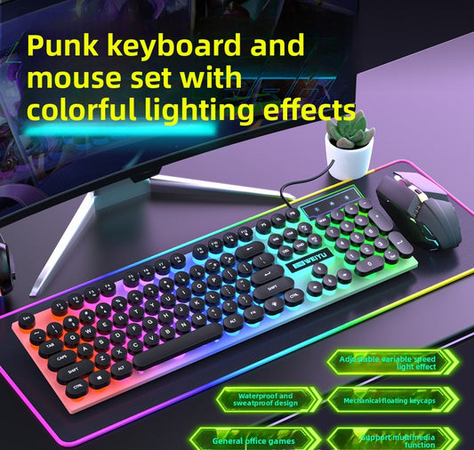 104 key retro round keycap wired keyboard mouse set luminous office game e-sports computer notebook