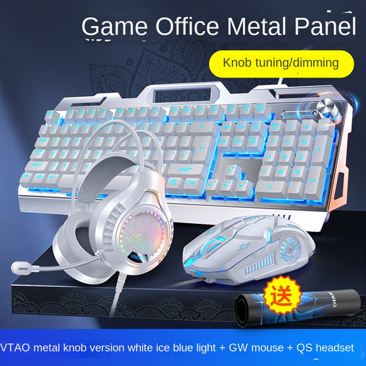 Silver Carving V2G5-white Mechanical Feel Metal Keyboard Mouse Headset Three-piece Set USB Wired Gaming Computer Accessories