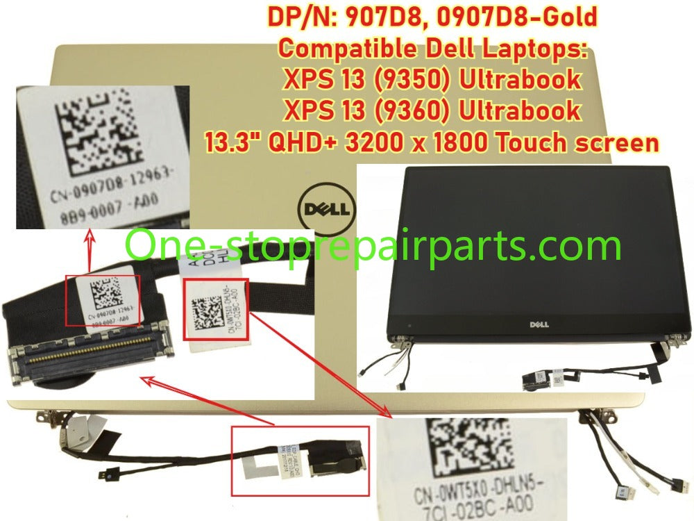 Touch Non-Touch top half LCD Display screen Complete Assembly for Dell XPS 13 9350 9360 P54G P54G002 Ultrabook 13.3" FHD QHD+  R3RJ8 0K8H0R 7PH9N 0N6CH2 0P2HPR 0907D8 9D8MJ Rose Gold Silver panel half Dell laptop repair parts