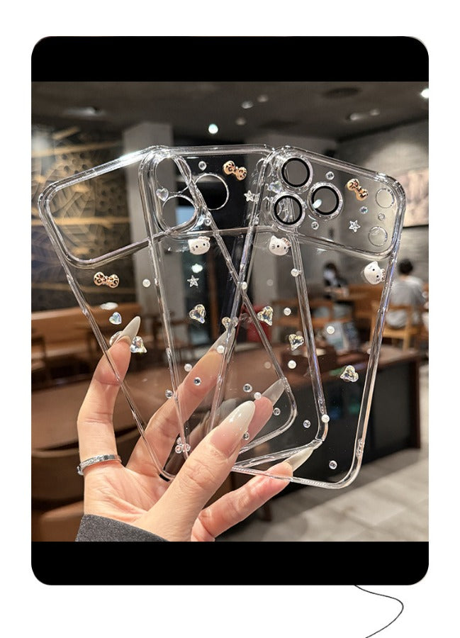 For iPhone 17promax mobile phone case new three-dimensional diamond iPhone17Pro lens all-inclusive transparent cute 16 anti-drop female protective case 15plus Air hard case Phone accessories