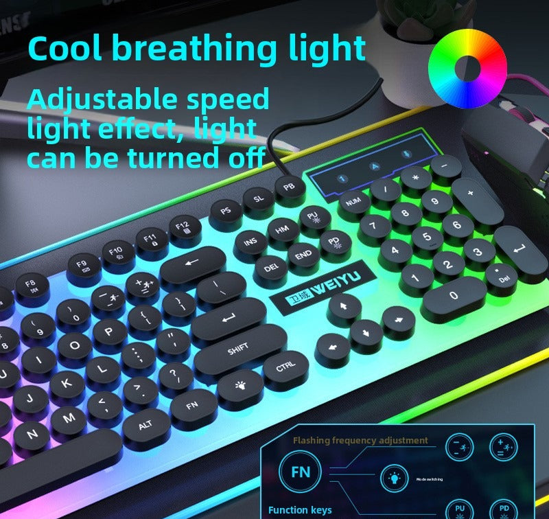 104 key retro round keycap wired keyboard mouse set luminous office game e-sports computer notebook