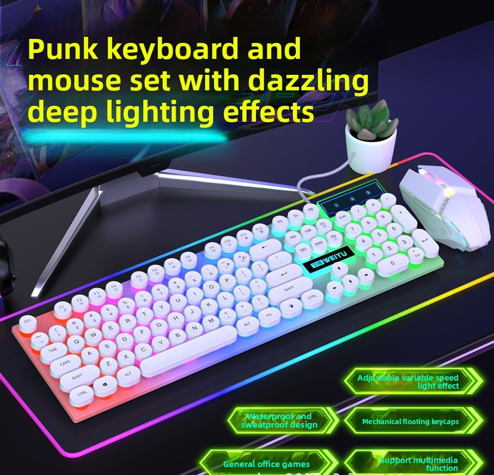 Retro punk wired keyboard mouse luminous suit office game e-sports peripherals computer desktop