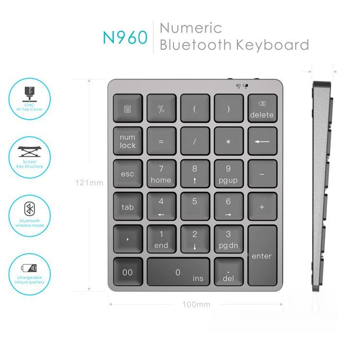 Aluminum alloy 28-key numeric keypad mini portable bluetooth numeric keypad charging bluetooth phablet keypad