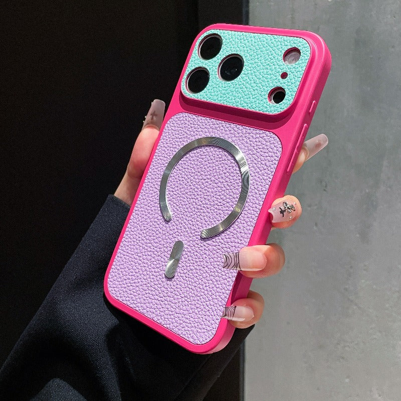 Dopamine contrasting magnetic leather pattern for iPhone 17promax mobile phone case iPhone16 new second change 17 with camera button 15 all-inclusive 14 anti-drop 13 super fire 12pm premium women's 11 Phone accessories