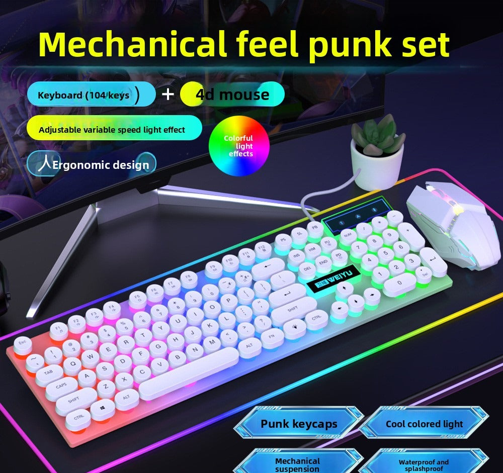 104 key retro round keycap wired keyboard mouse set luminous office game e-sports computer notebook