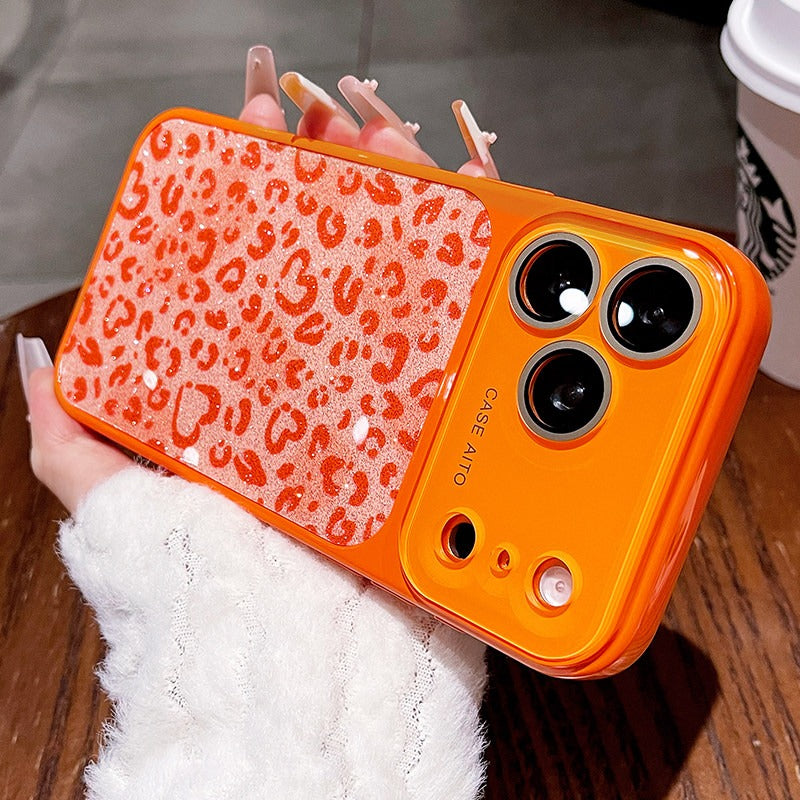 Glitter love leopard print for iPhone 17promax mobile phone case new iPhone16 seconds change 17pro large window lens film all-inclusive 15pro sweet cool women's shell Phone accessories