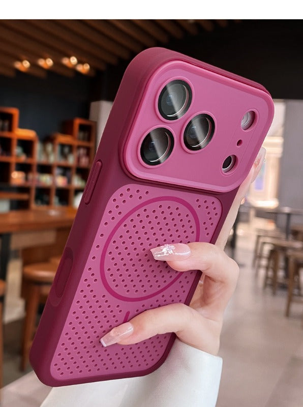 Mesh heat dissipation magnetic suction for iPhone 17promax mobile phone case new color scheme cherry red iPhone16 seconds bigger window breathable magnetic suction 15pro all-inclusive anti-drop case Phone accessories