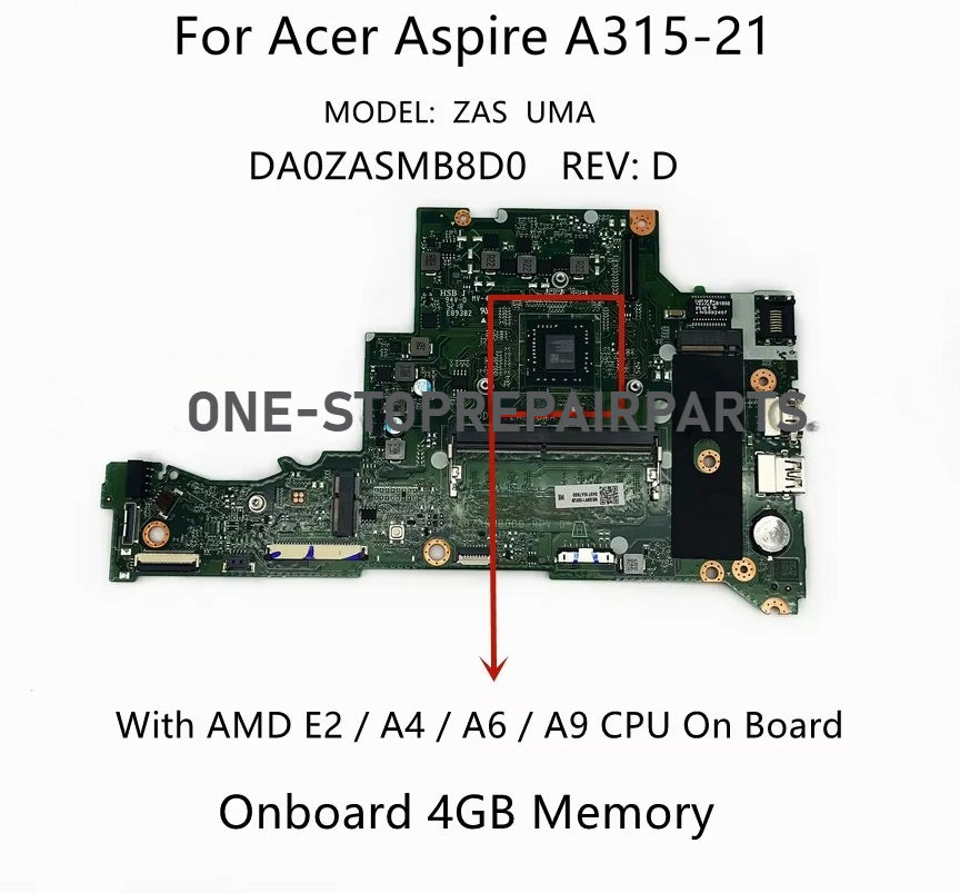 For Acer Aspire A314-21 A315-21 Laptop Motherboard DA0ZASMB8D2 DA0ZASMB8D0 With E2 A6 A9-9420 CPU 4G-RAM NBGNV1100Y NBGNV1100W Acer laptop repair parts