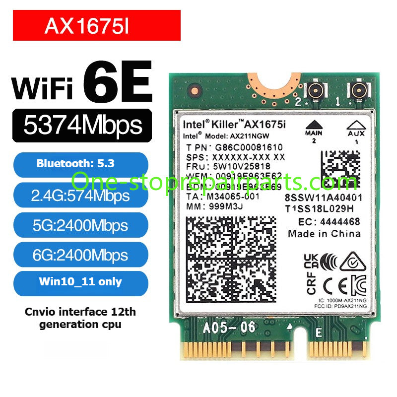Laptop computer Wifi Card for Intel 9560NGW AX203NGW AX201NGW AX211NGW  Killer1675I 1650I 1550I 9462 9461NGW CNVio IPEX4 WIFI6E Wi-Fi 6E Bluetooth 5.3 Wireless Card