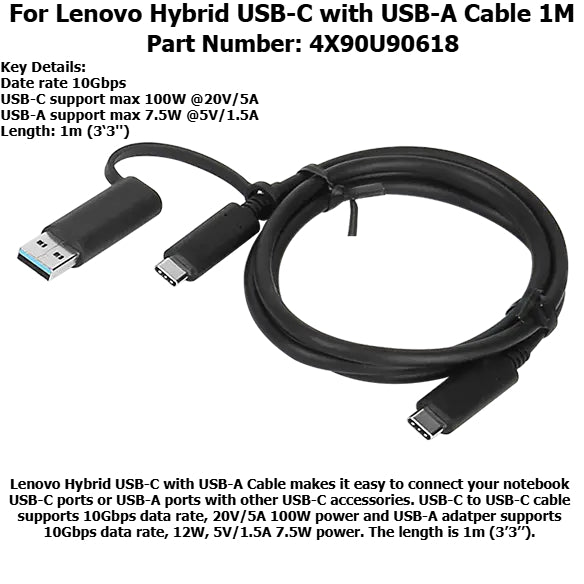 Originla100W 60W data docking station cable 4X90Q59480 4X90U90619 4X90U90618 for Lenovo USB-C to USB-C USB Type C 2m 1m Hybrid USB-C with USB-A Cable