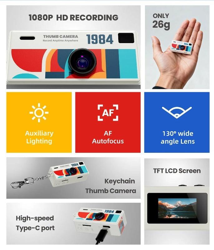 Retro Mini Keychain Thumb Camera 1080P HD Recorder Built-in Flash Auto Focus 130° Wide Angle Lens Screen Portable Pocket Camera