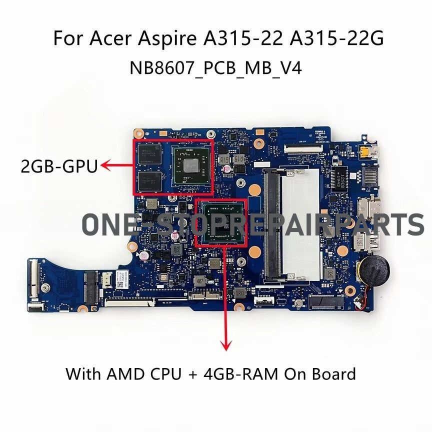 For Acer Aspire A315-22G Laptop Motherboard With A6-9220 A9-9420 CPU 4GB-RAM 2GB-GPU DDR4 NB8607_PCB_MB_V4 NBHE711003 NBHE711005 Acer laptop repair parts