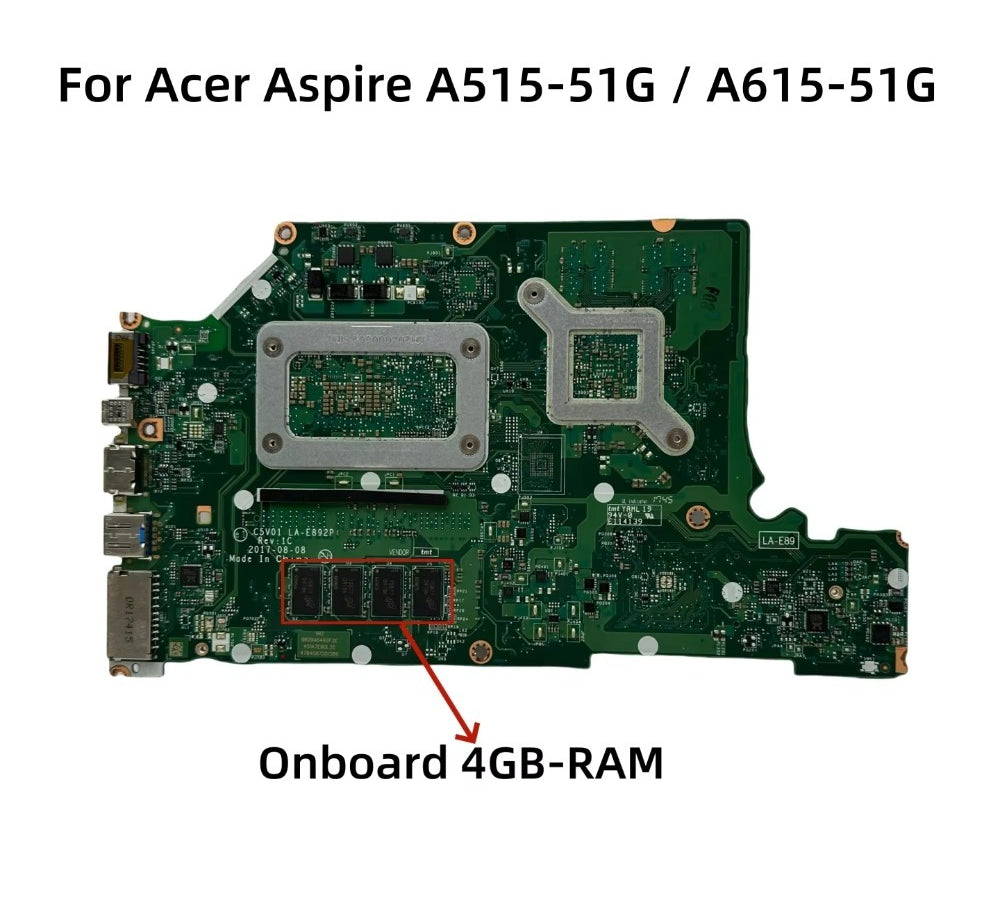 C5V01 LA-E892P For Acer Aspire A515-51G A615-51G Laptop Motherbboard With i3 i7-7500U i5-8250U CPU 4GB-RAM MX130/MX150 2GB-GPU Acer laptop repair parts