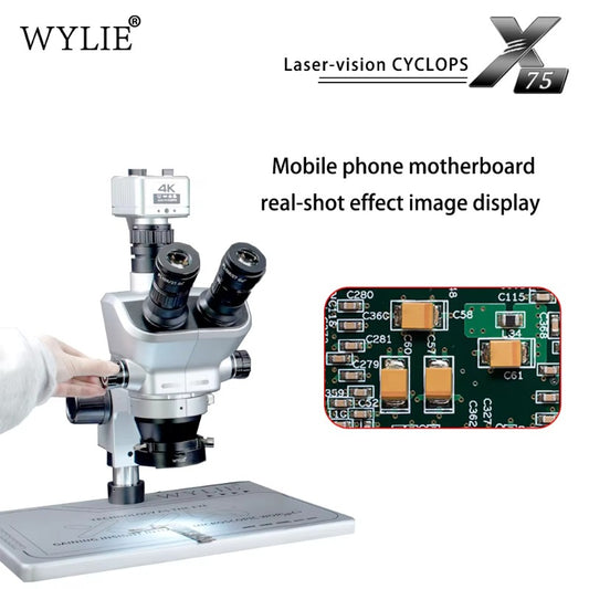 WYLIE X75 Trinocular Stereo Microscope 0.75-7.5X Continuous Zoom 0.4X Adapter LED Ring Light For Phone PCB Soldering Repair Professional Repair Tools