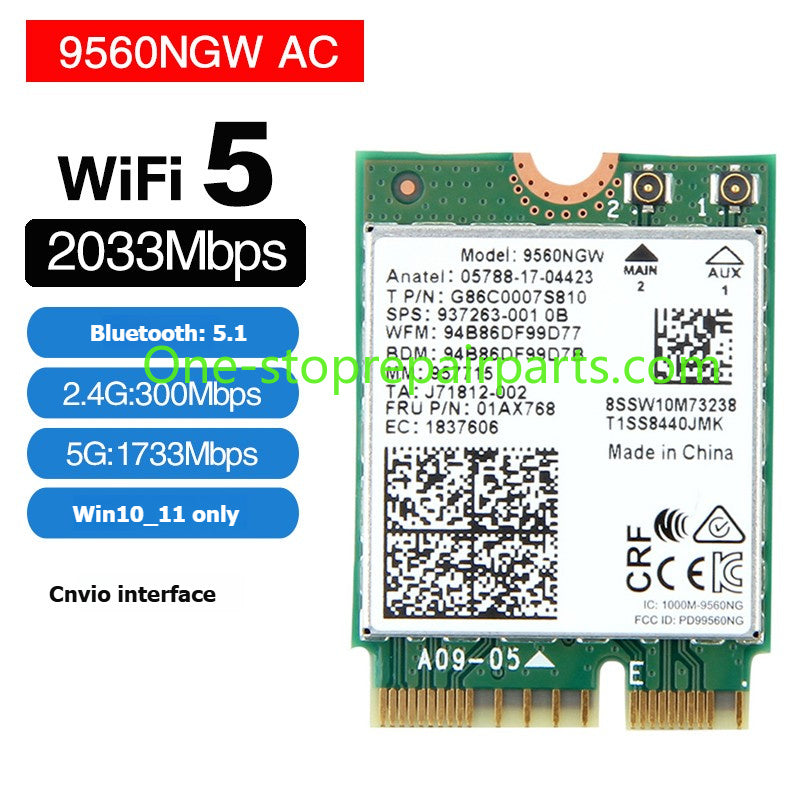 Laptop computer Wifi Card for Intel 9560NGW AX203NGW AX201NGW AX211NGW  Killer1675I 1650I 1550I 9462 9461NGW CNVio IPEX4 WIFI6E Wi-Fi 6E Bluetooth 5.3 Wireless Card
