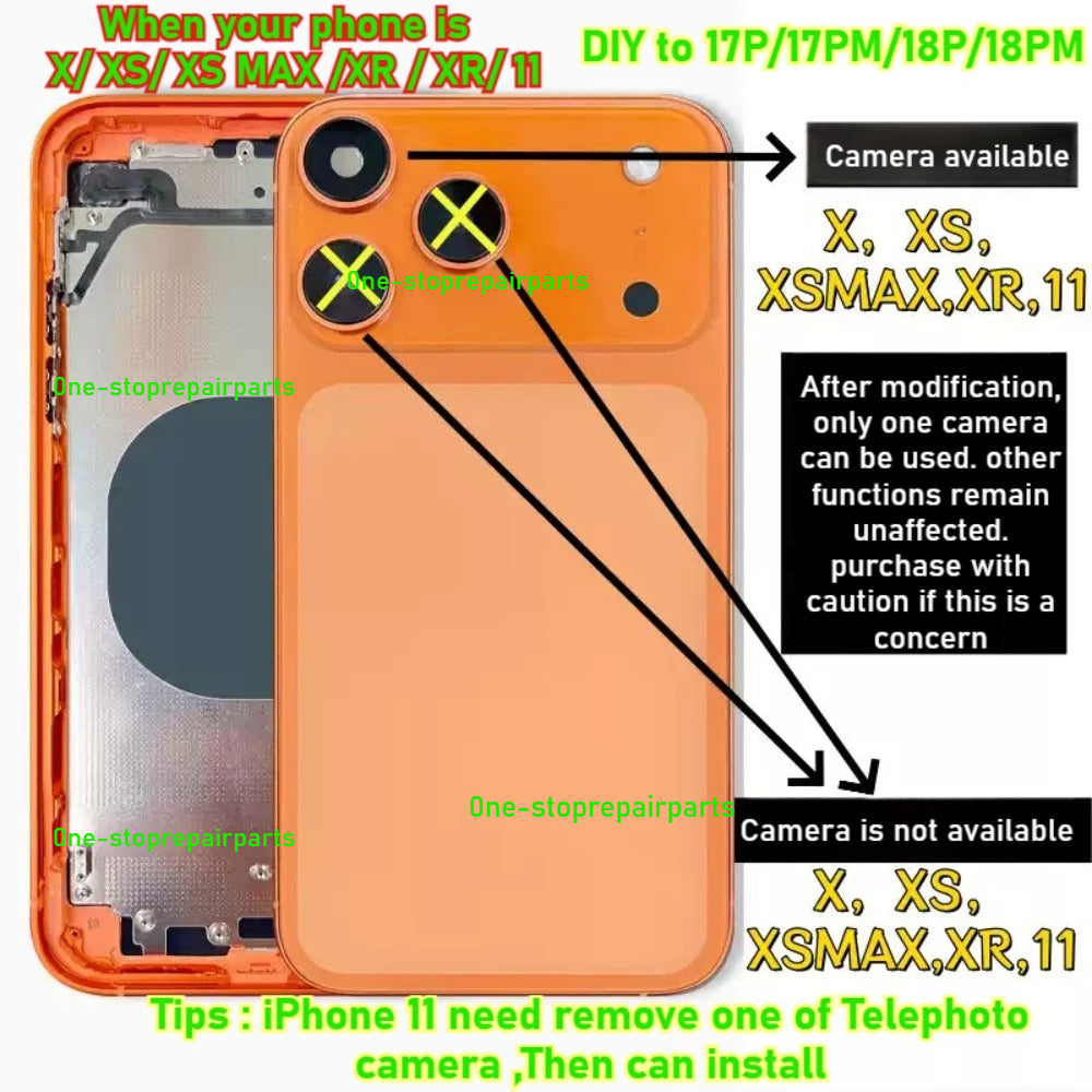 DIY Convertor Housing Back Cover Assembly Compatible For iPhone X XR XS MAX 11 11PRO 12 12PRO 13 Pro 14Pro 15Pro 15 Pro Max To 17 18 17Pro 18Pro Max Backshell Replacement Refitted Chassis Pre-Installed Modified Middle Frame iPhone phone repair parts