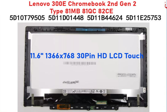 11.6" 1366x768 30Pin HD LCD Touch Screen Assembly with bezel for  Lenovo 300E Chromebook 2nd Gen 2 Type 81MB 81QC 82CE 5D10Y67266 5D10T79505 w/G-sen/EMR Touch Lcd Screen Assembly Display LCD LED Monitor Panel Digitizer Assembly LCD Module Lenovo lapt