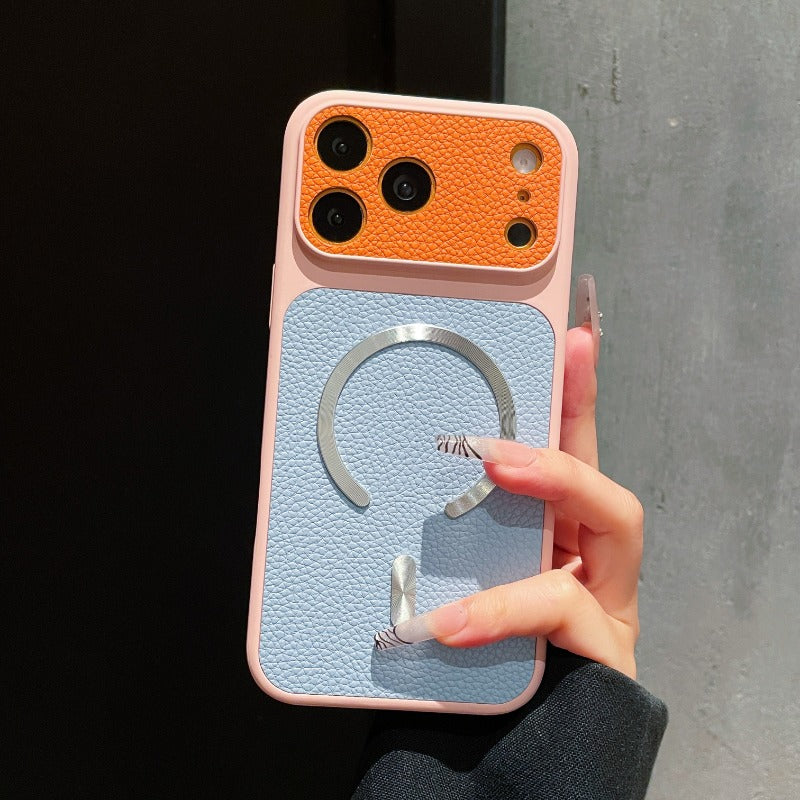 Dopamine contrasting magnetic leather pattern for iPhone 17promax mobile phone case iPhone16 new second change 17 with camera button 15 all-inclusive 14 anti-drop 13 super fire 12pm premium women's 11 Phone accessories