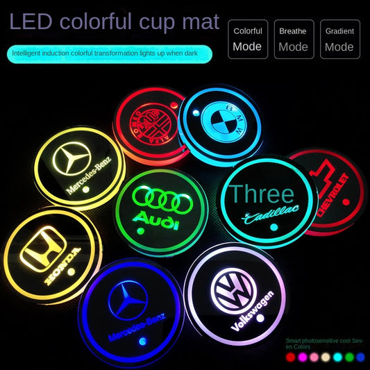 (Free shipping) Full brand Car LED light water coaster Colorful water coaster Car atmosphere light USB charging Non-slip mat