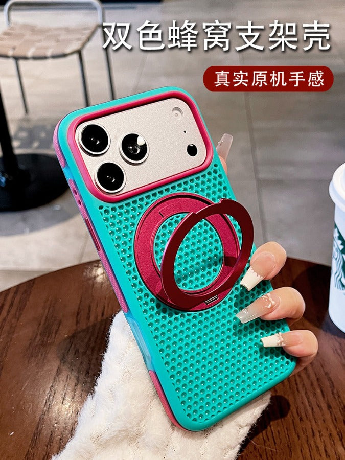 Two-color honeycomb bracket for iPhone 17promax mobile phone case New iPhone16 contrasting color honeycomb heat dissipation with 360 ° rotating bracket 15pro breathable, shell Phone accessories