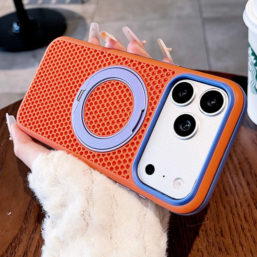 Two-color honeycomb bracket for iPhone 17promax mobile phone case New iPhone16 contrasting color honeycomb heat dissipation with 360 ° rotating bracket 15pro breathable, shell Phone accessories