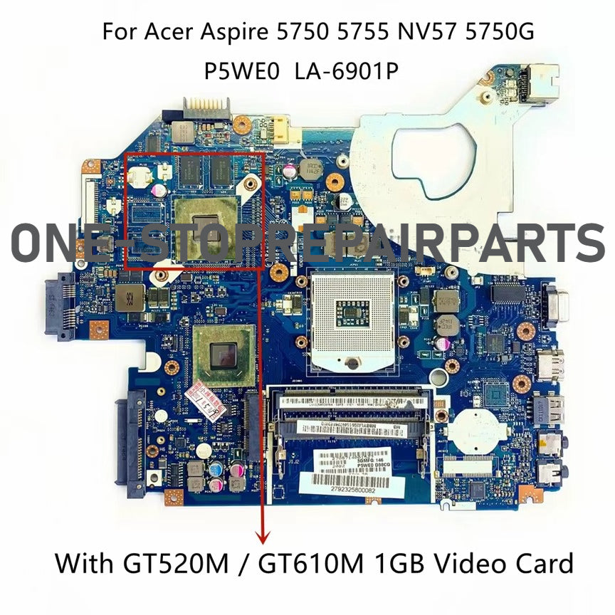 P5WE0 LA-6901P For Acer Aspire NV57 5750 5755 5750G Laptop Motherboard With HM65 GT520M/GT540M/GT610M/GT630M 1GB/2GB Video Card Acer laptop repair parts