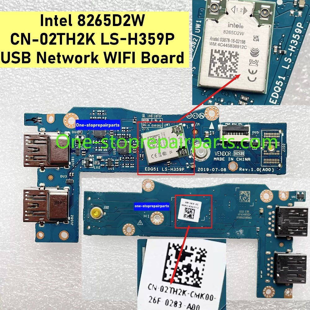 EDQ51 LS-H359P USB Network WIFI Board for Dell Alienware m15 R2 Gaming USB network wifi board killer 1650W CN-0P2RHV 0P2RHV A197V1 Intel 8265 CN-02TH2K 02TH2K Straight Slant port connect 8265D2W  Dell Laptop repair parts