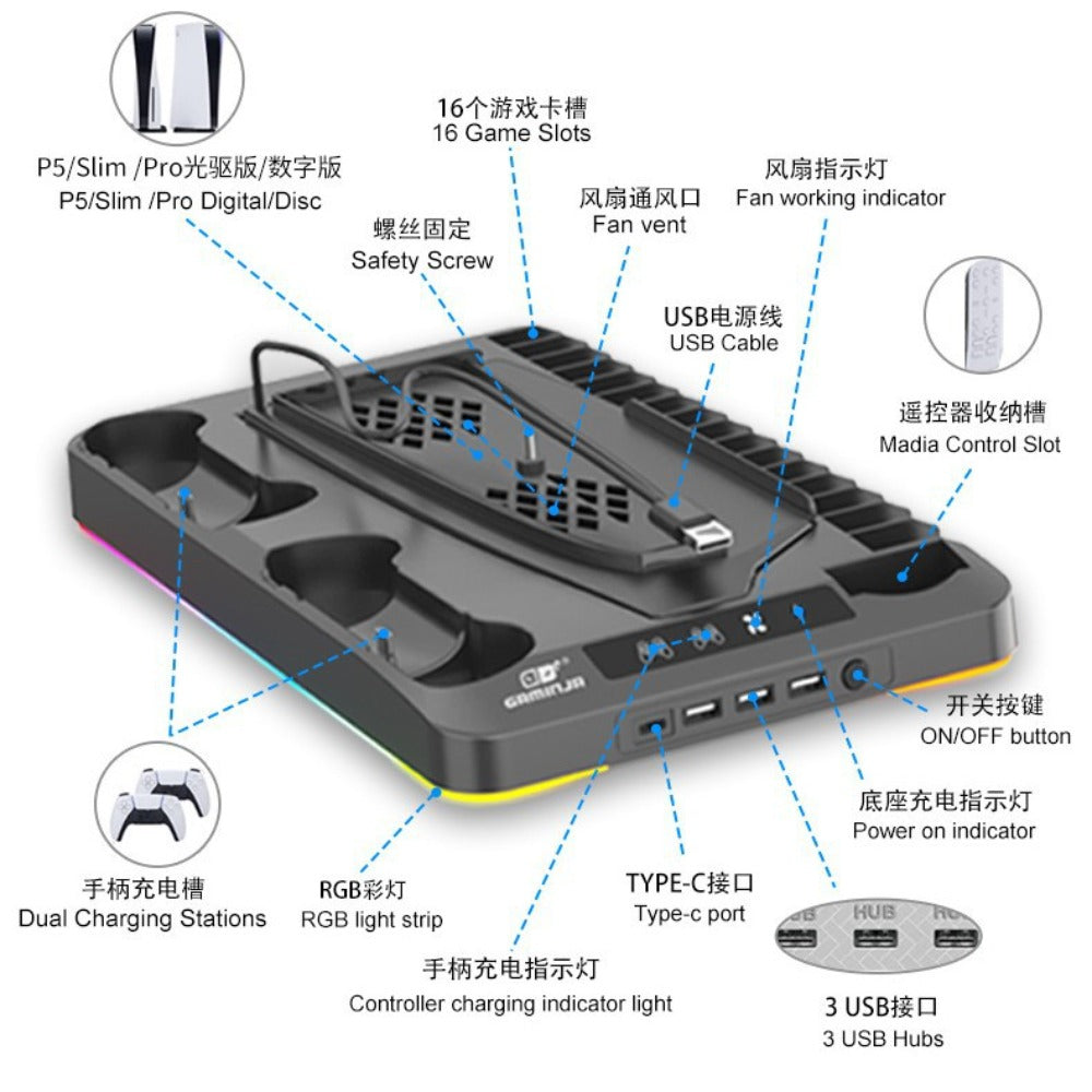 The PS5 slim/pro cooling base Stand with RGB lights PS5 controller charging dock for storing game discs  headphones