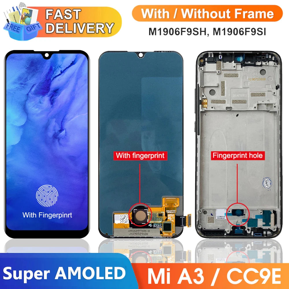 Super AMOLED Mi A3 Screen Replacement, for Xiaomi Mi A3 M1906F9SH Lcd Display Digital Touch Screen with Frame for Xiaomi Mi CC9e Xiaomi phone repair parts