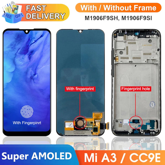 Super AMOLED Mi A3 Screen Replacement, for Xiaomi Mi A3 M1906F9SH Lcd Display Digital Touch Screen with Frame for Xiaomi Mi CC9e Xiaomi phone repair parts