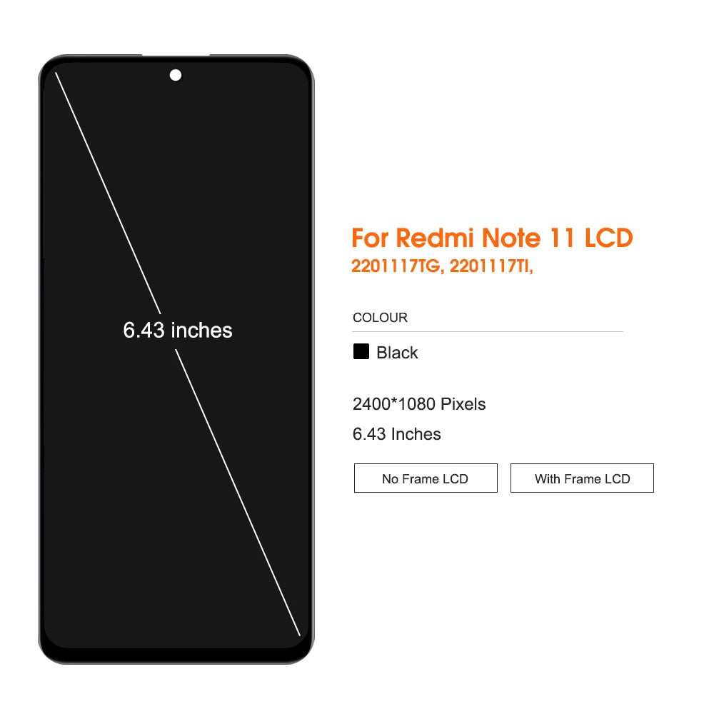 6.43" Screen for Xiaomi Redmi Note 11 2201117TG 2201117TI Lcd Display Digital Touch Screen with Frame for Redmi Note 11  Screen Xiaomi phone repair parts
