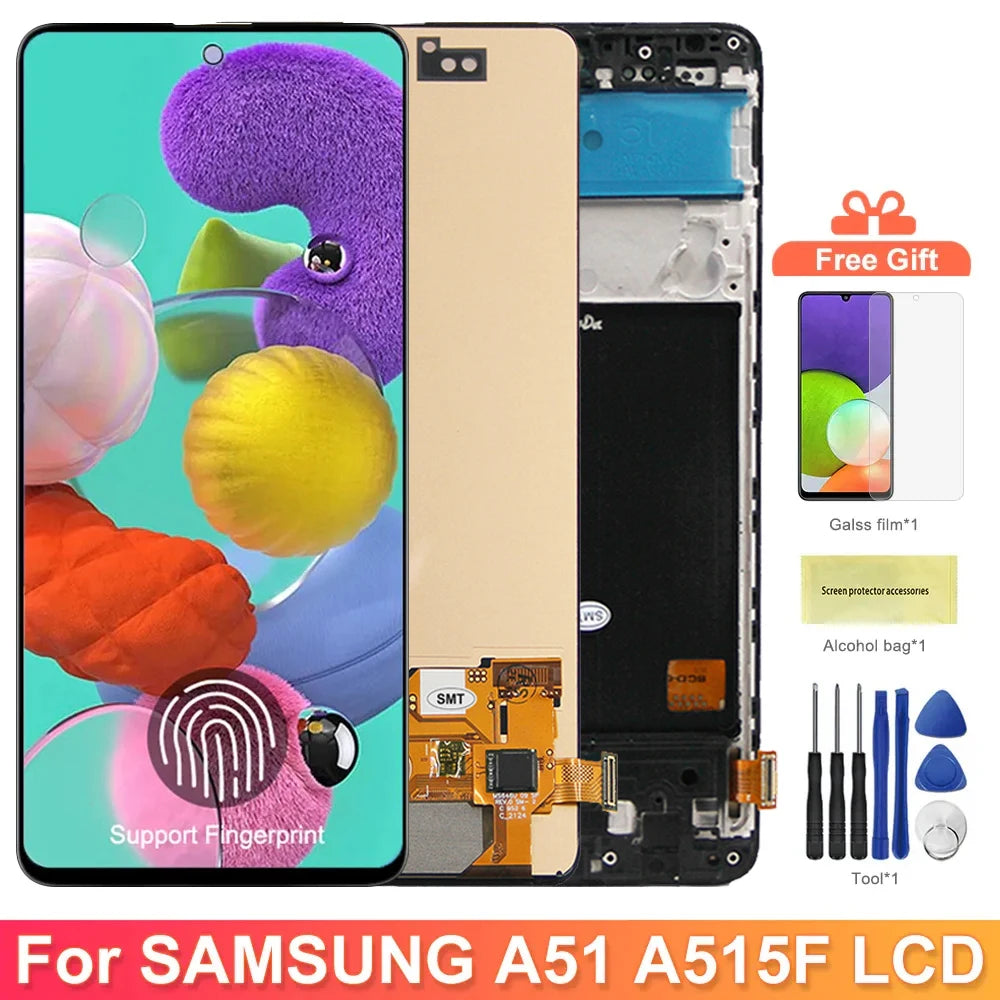 AMOLED A51 Display Screen With Fingerprint, for Samsung Galaxy A51 A515 A515F Lcd Display Touch Screen Digitizer Replacement Samsung phone repair parts