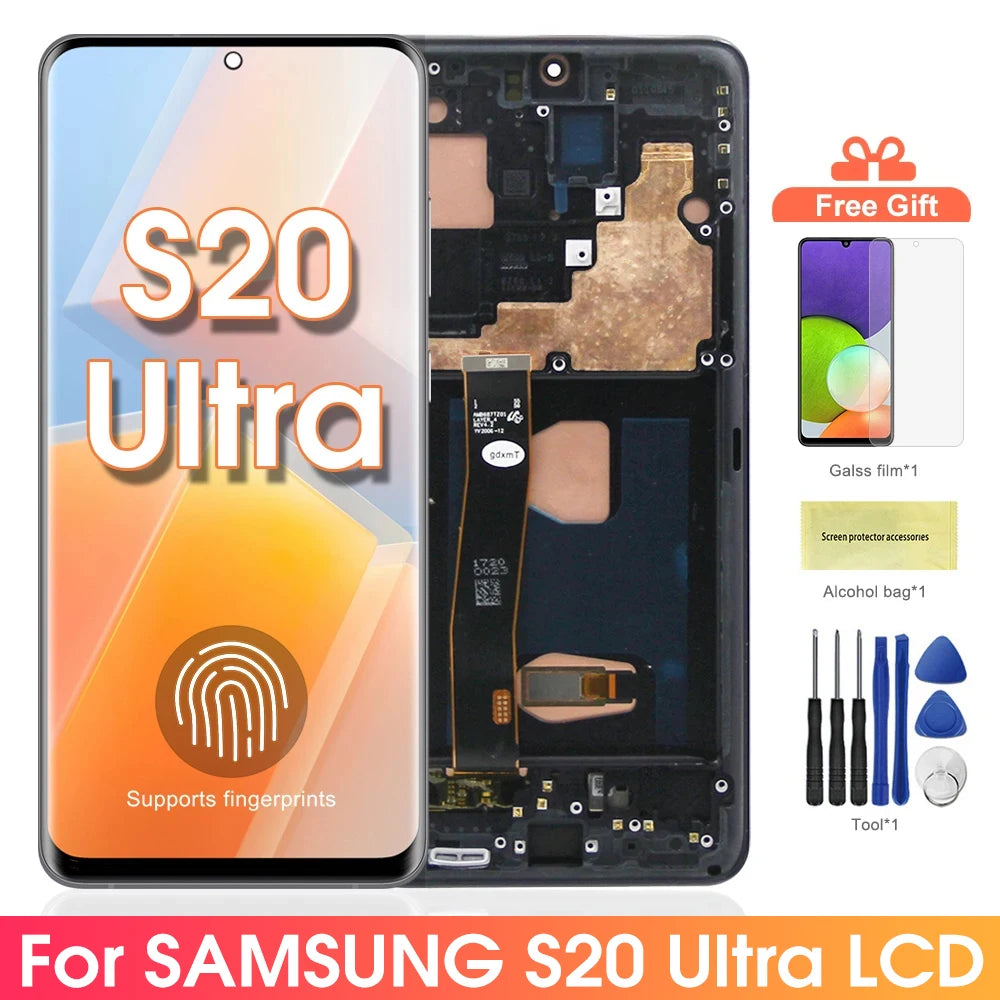 AMOLED S20 Ultra Screen With Frame, for Samsung Galaxy S20 Ultra G988B G988B/DS Lcd Display Digital Touch Screen Assembly Samsung phone repair parts