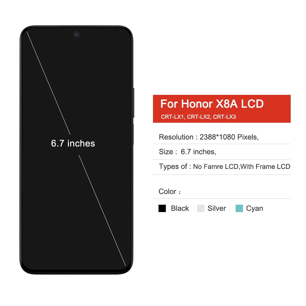 6.7'' For Honor X8a LCD CRT-LX1 CRT-LX2 CRT-LX3 Display With FrameTouch Screen Digitizer Assembly for honor x8a  LCD Screen Honor phone repair parts