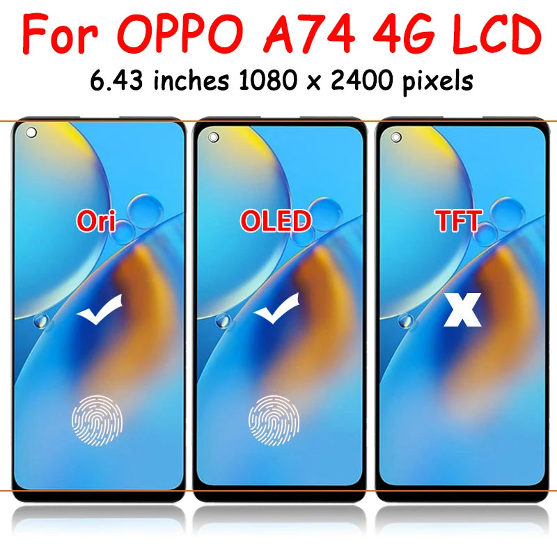 6.43" New AMOLED For OPPO A74 4G CPH2219 LCD Touch Screen Digitizer Assemby Replacement For OPPO A74 4G Display With Frame  Oppo phone repair parts