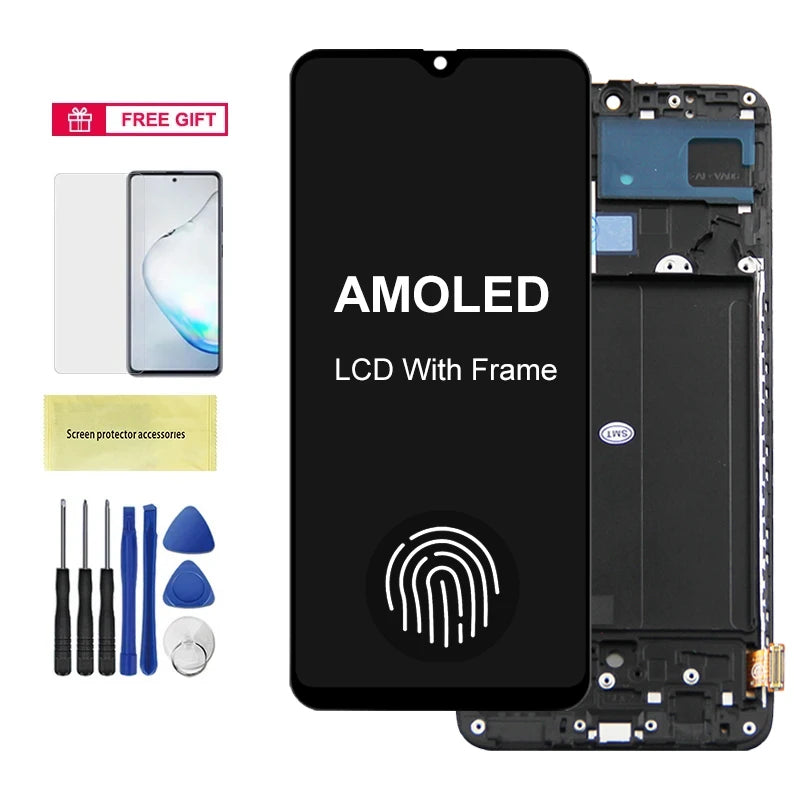 Super AMOLED A70 Display Screen, for Samsung Galaxy A70 A705 A705F A705FD LCD Display Digital Touch Screen Assembly with Frame Samsung phone repair parts
