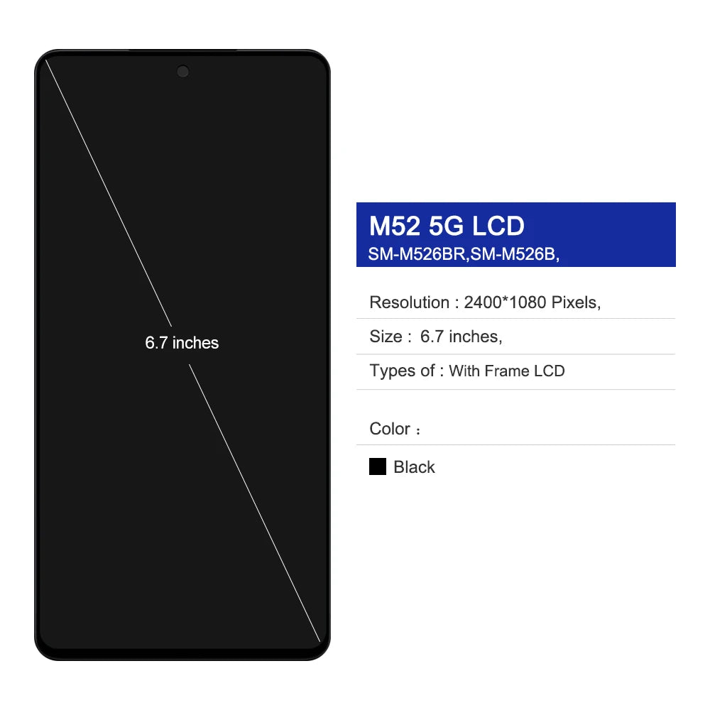 6.7" Super AMOLED Screen for Samsung Galaxy M52 5G M526B M526BR Lcd Display Digital Touch Screen with Frame Assembly Replacement Samsung phone repair parts