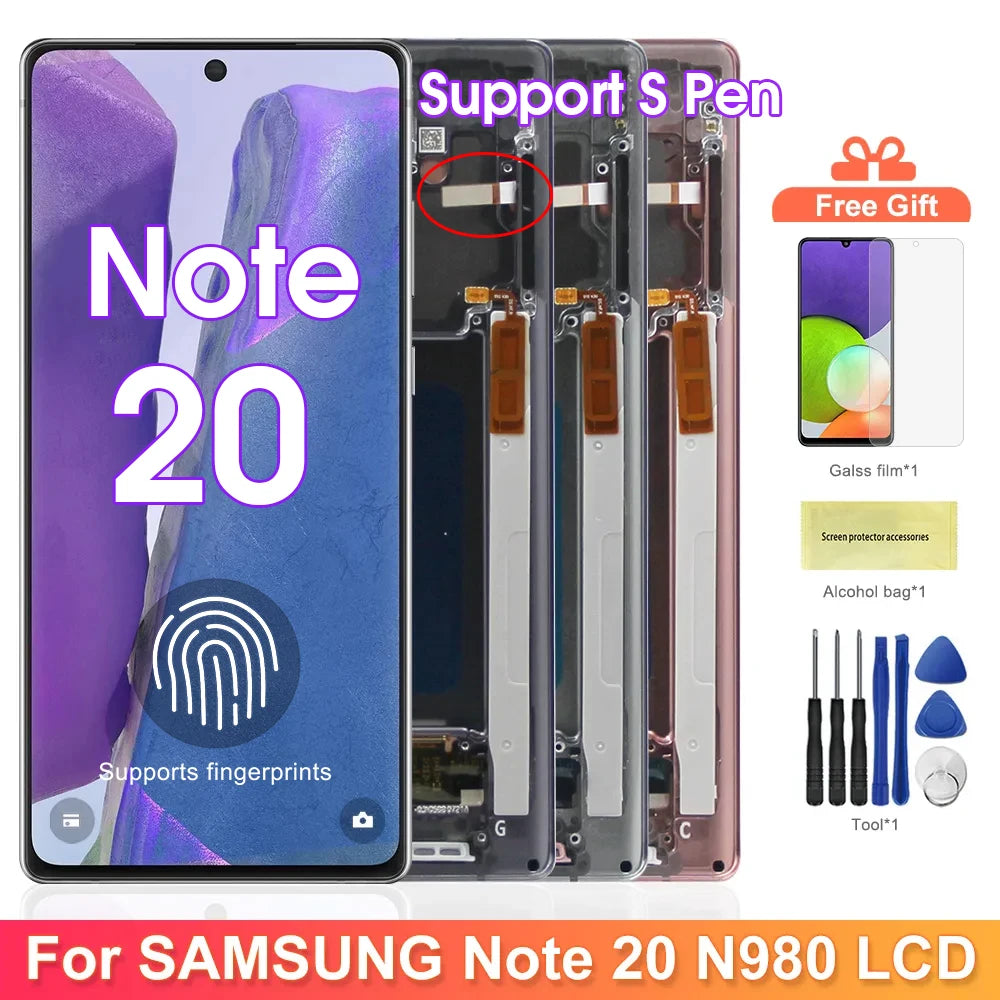 Note20 Screen for Samsung Galaxy Note 20 N980F Lcd Display + Touch Screen with Frame Assembly Support S Pen Fingerprint Read Samsung phone repair parts