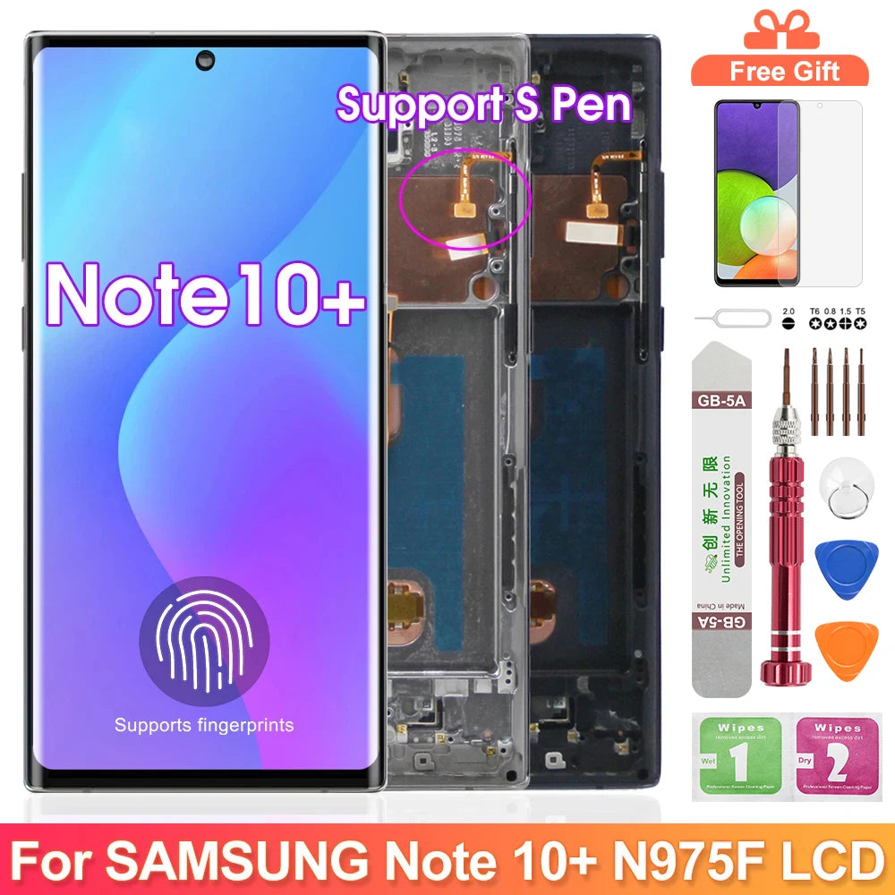 AMOLED Note 10 Plus Screen for Samsung Galaxy Note10+ N975F Lcd Display Touch Screen with Frame Support S Pen Fingerprints Samsung phone repair parts