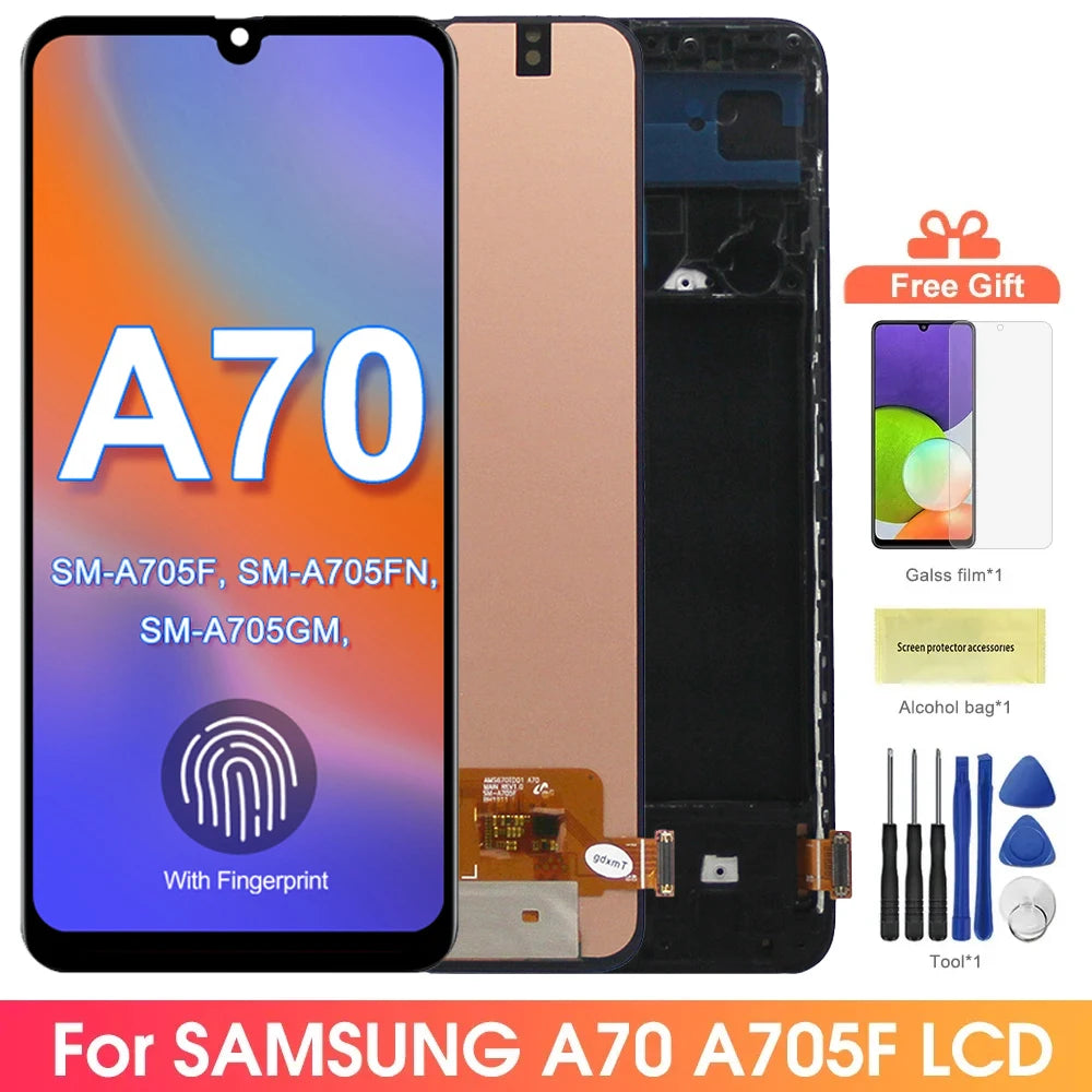 Super AMOLED A70 Display Screen, for Samsung Galaxy A70 A705 A705F A705FD LCD Display Digital Touch Screen Assembly with Frame Samsung phone repair parts