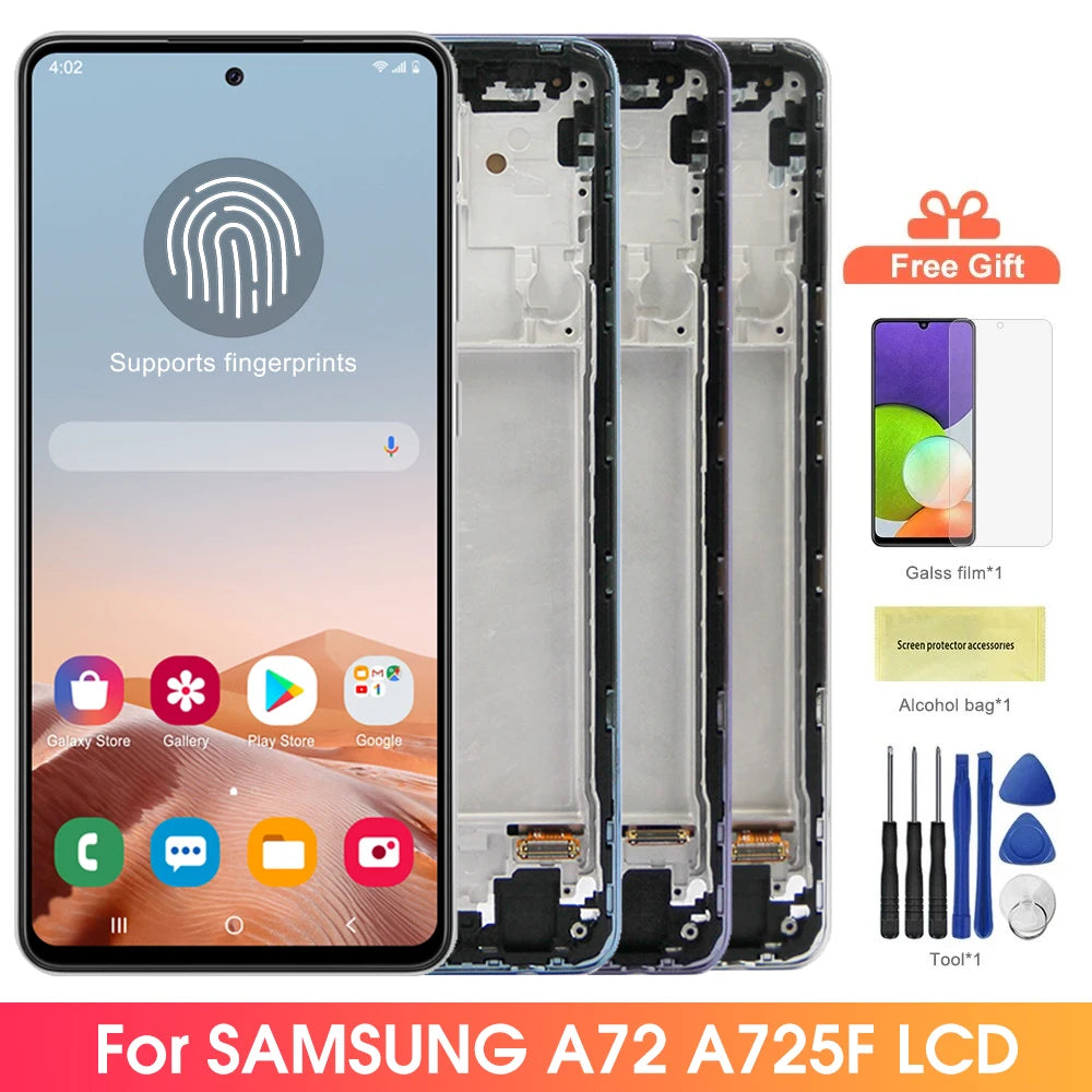 Super AMOLED A72 Display Screen, for Samsung Galaxy A72 A725F A725F/DS L cd Display Digital Touch Screen with Frame Assembly Samsung phone repair parts