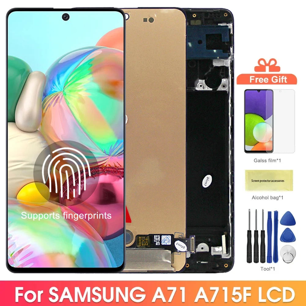 Super AMOLED A71 Screen, for Samsung Galaxy A71 A715 A715F A715FD LCD Display Digital Touch Screen with Frame Replacement Samsung phone repair parts