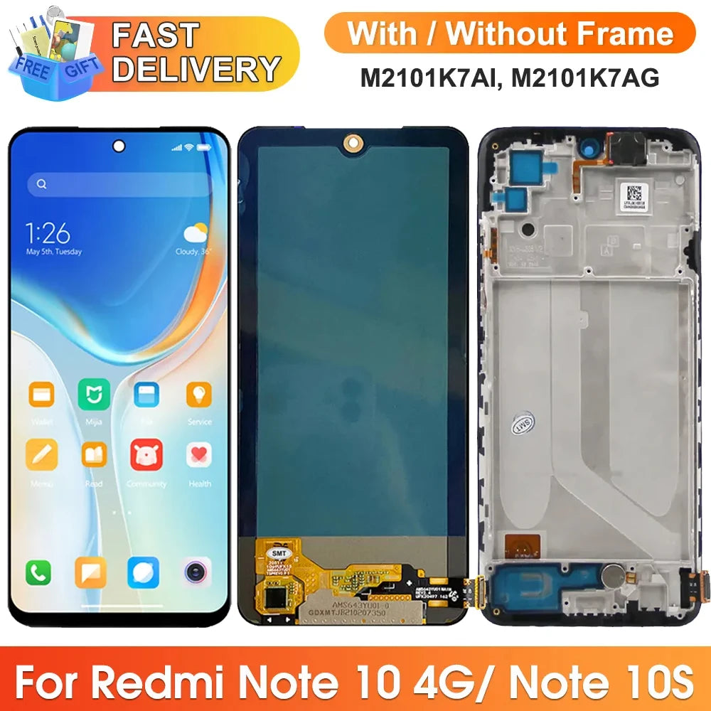 6.43" Screen for Xiaomi Redmi Note 10 M2101K7AI M2101K7 LCD Display Digital Touch Screen With Frame Assembly for Redmi Note 10S Xiaomi phone repair parts