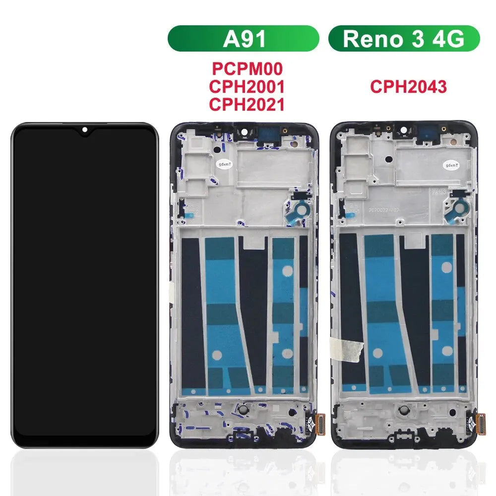 Reno 3 OPPO Reno3 CPH2043 Display Screen with Frame, for Oppo A91 CPH2001 CPH2021 Lcd Display Digital Touch Screen Assembly OPPO phone repair parts
