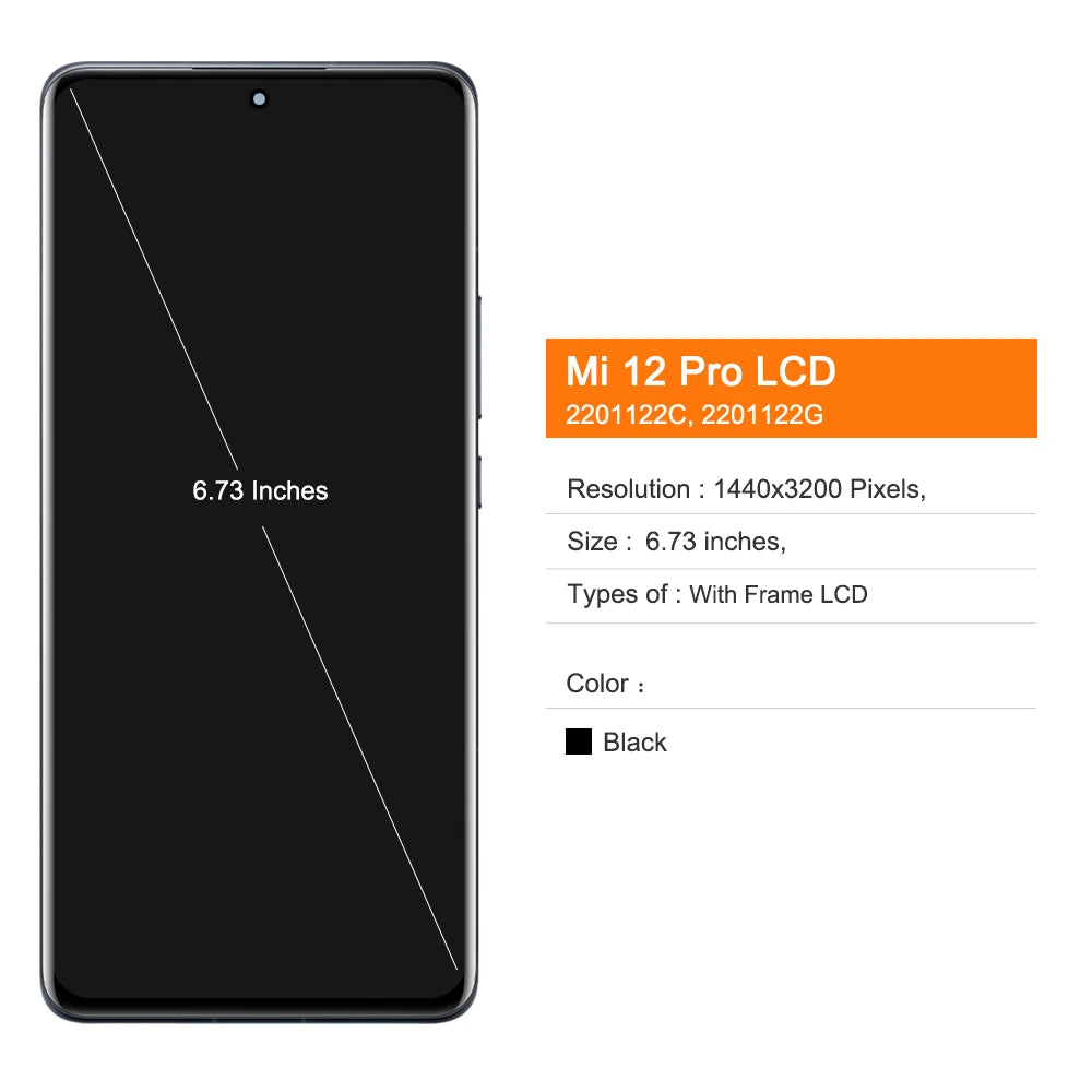 Super AMOLED Mi 12 Pro Screen Replacement for Xiaomi 12 Pro 2201122C 2201122G Lcd Display Touch Screen Digital with Frame Parts Xiaomi phone repair parts