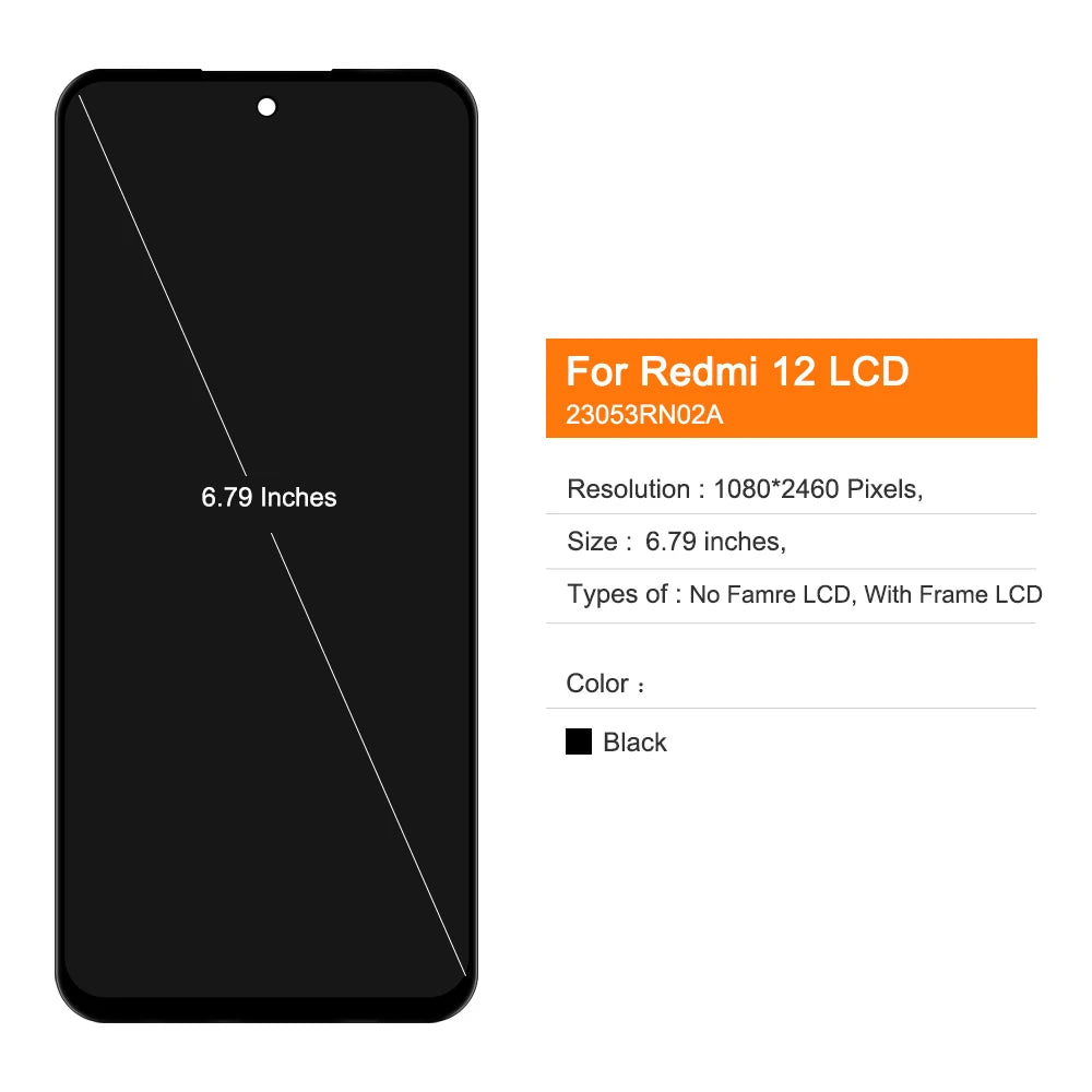 6.79" Redmi 12 Display Screen Replacement, for Xiaomi Redmi 12 23053RN02A Lcd Display Digital Touch Screen With Frame Assembly Xiaomi phone repair parts