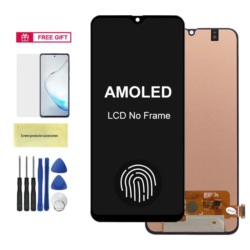 Super AMOLED A70 Display Screen, for Samsung Galaxy A70 A705 A705F A705FD LCD Display Digital Touch Screen Assembly with Frame Samsung phone repair parts